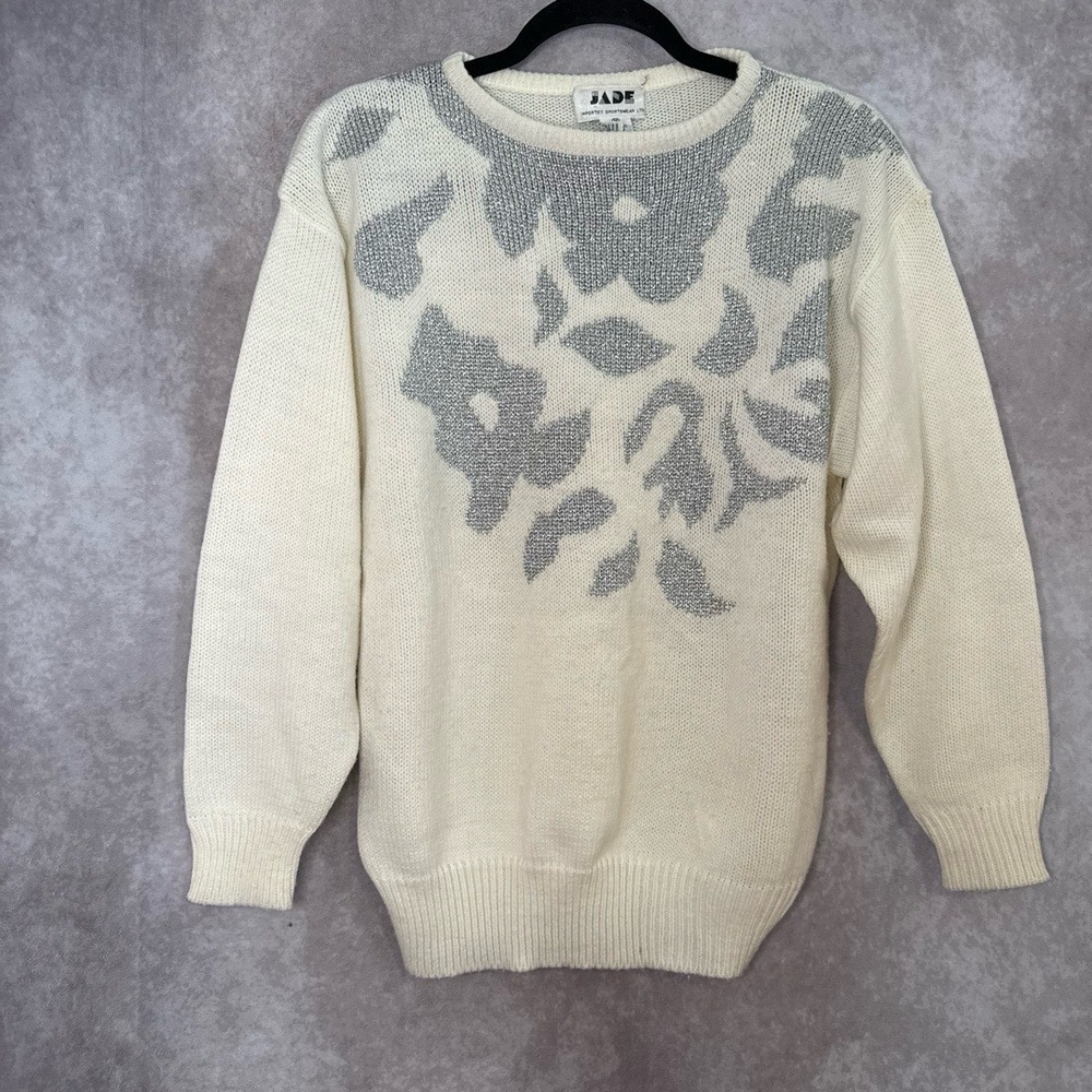Vintage 80s Jade Metallic Silver Floral Acrylic Sweater Women's Medium Off White